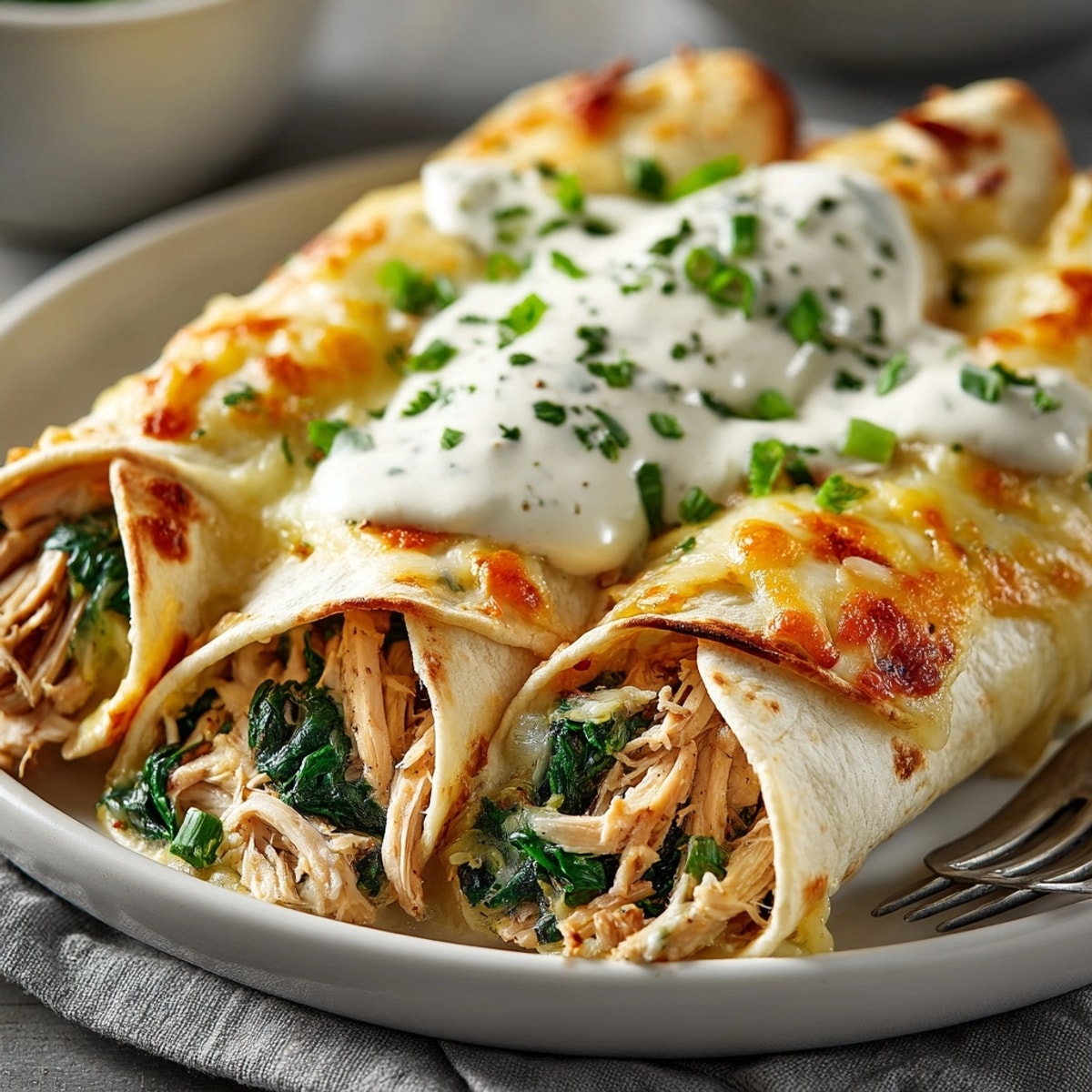 Golden-brown Creamy Chicken & Spinach Skillet Enchiladas, a flavorful, easy weeknight dinner.