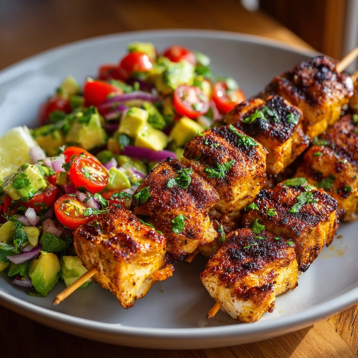 Juicy Spiced Grilled Chicken Skewers glistening, served with creamy Avocado Salsa, ready to eat.