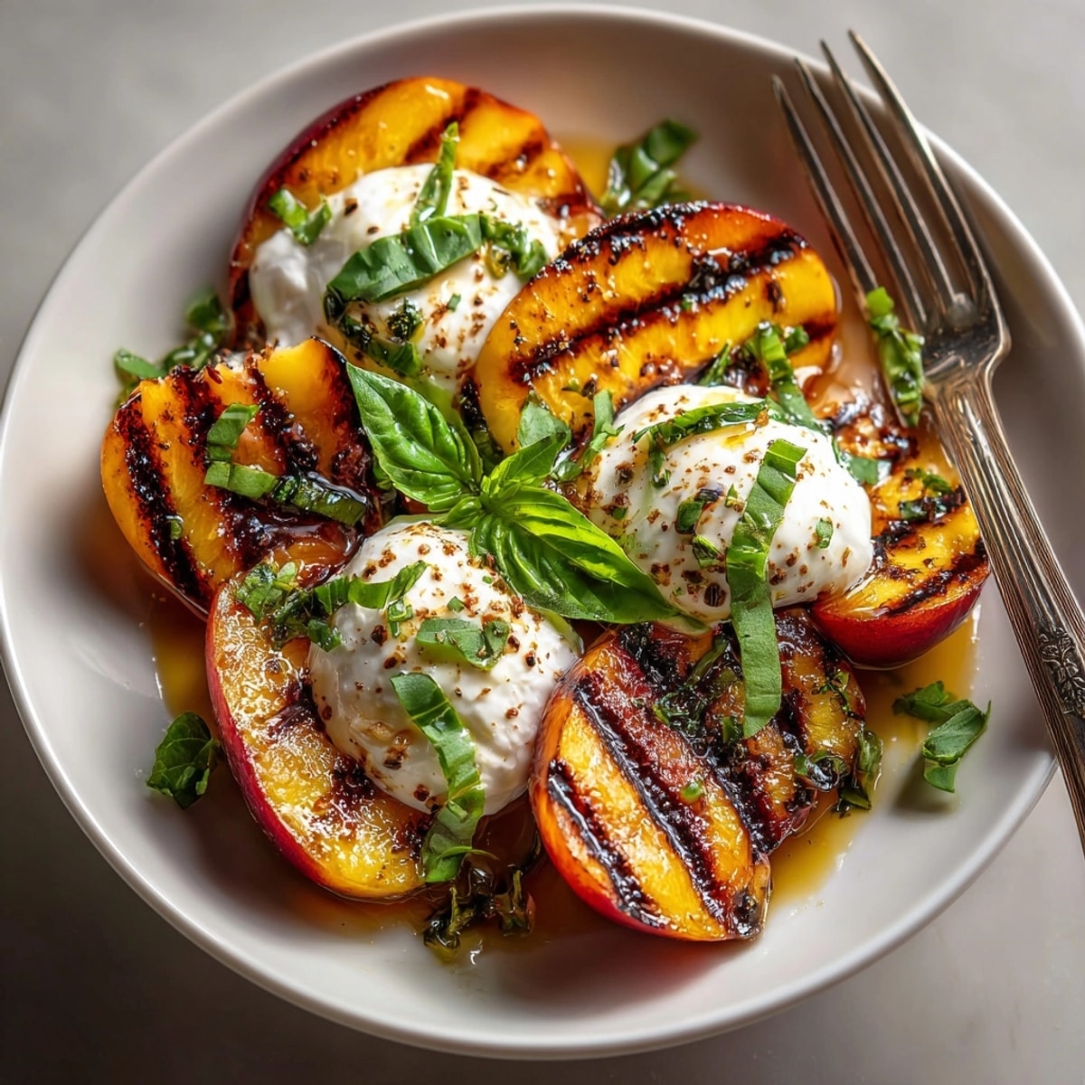 Close-up of a grilled peach and burrata salad—ripe, juicy, and herb-infused.