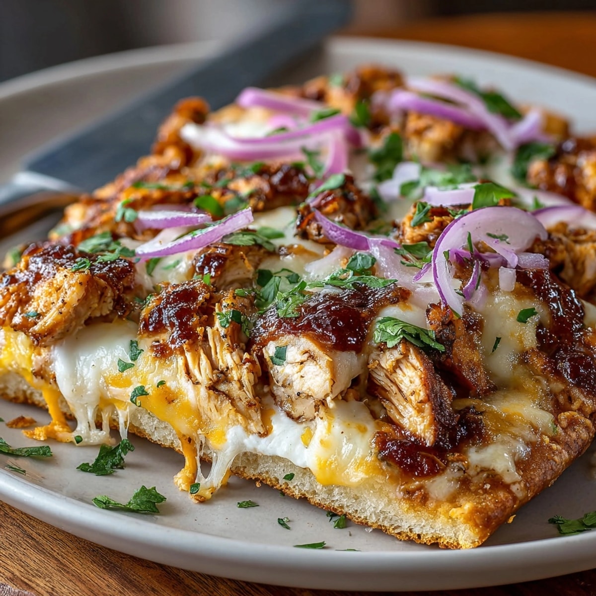 Homemade BBQ Chicken Flatbread Melts, easy party appetizer sprinkled with fresh cilantro.