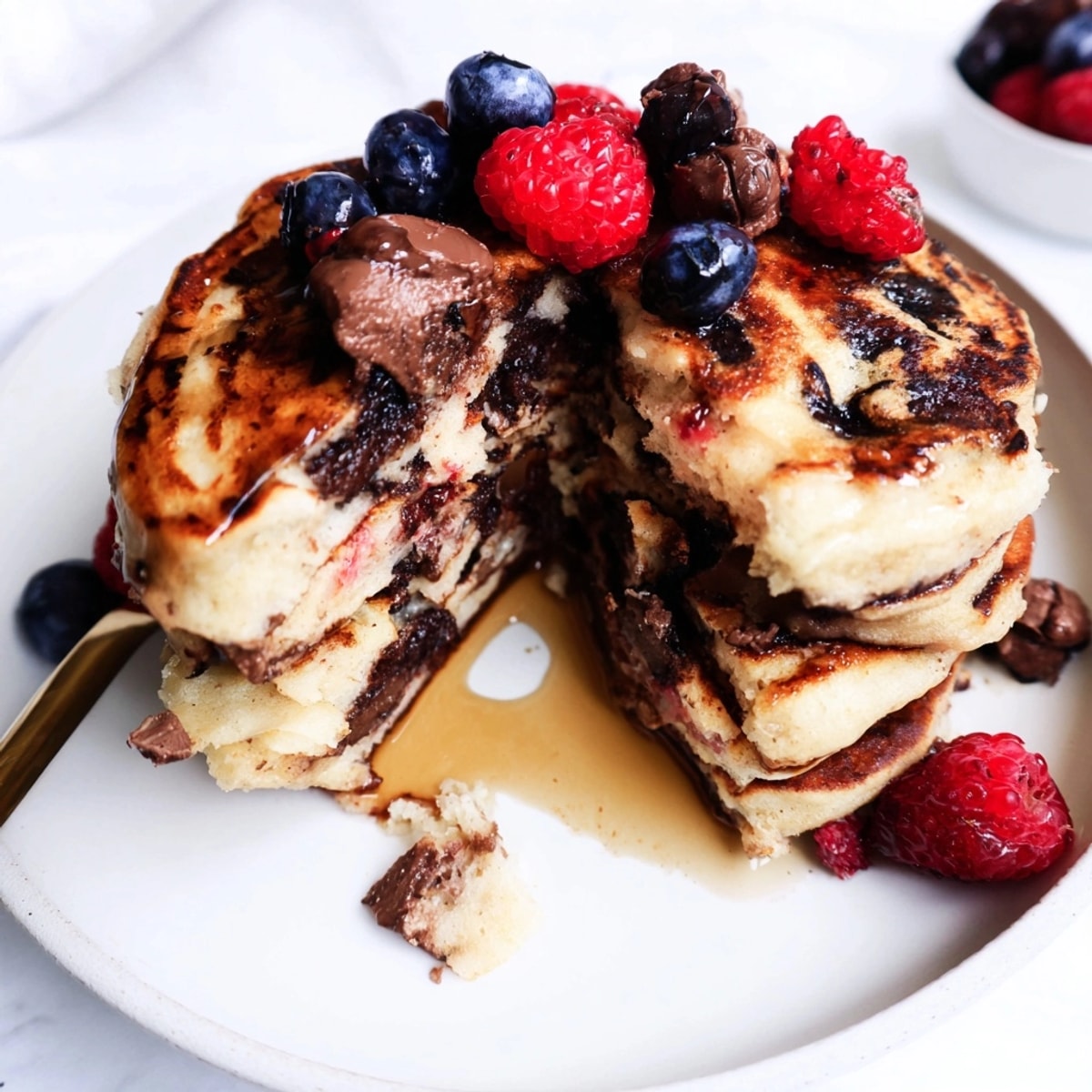 Stack of warm Protein Chocolate Ricotta Pancakes drizzled with syrup, berries on top.