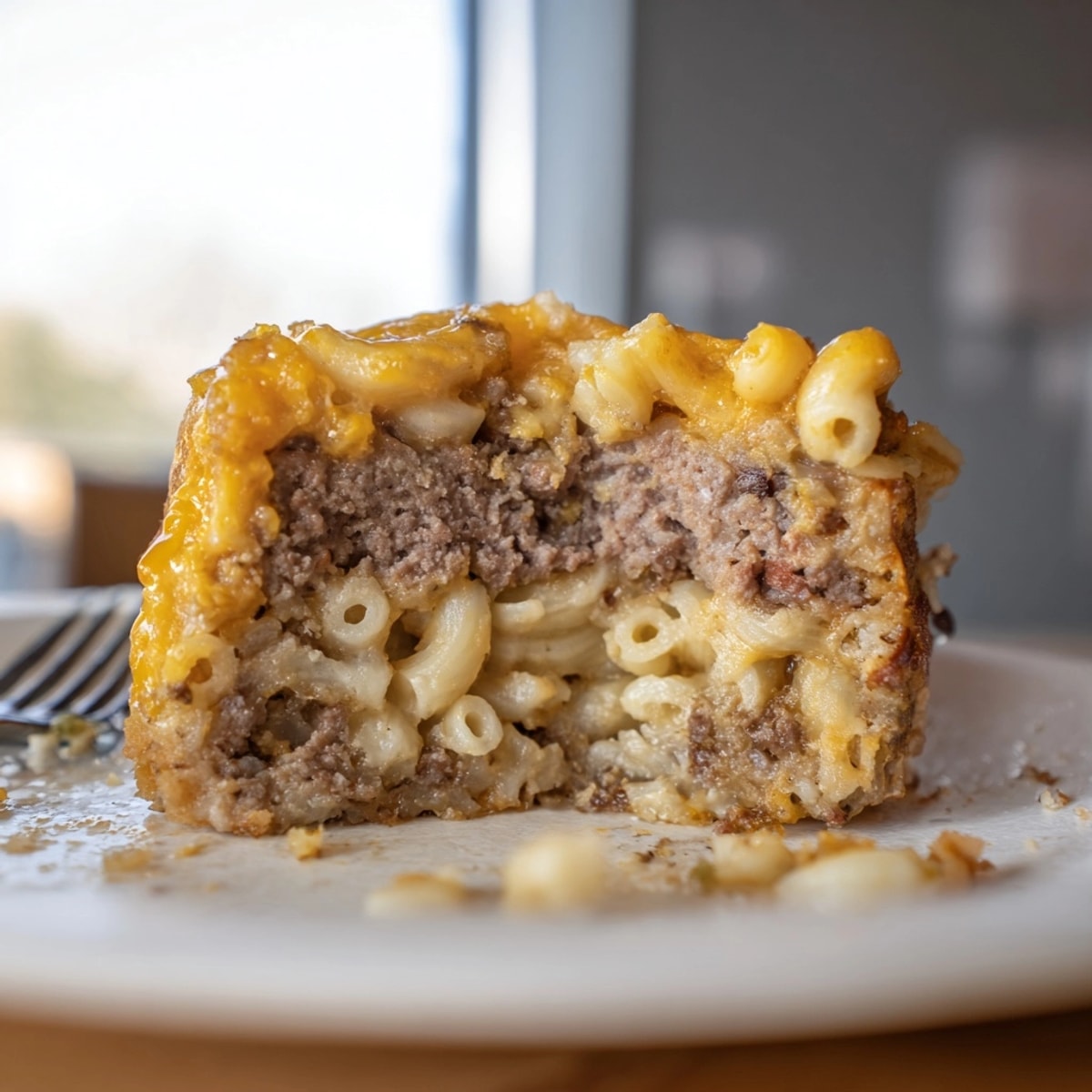 Top-down view of delicious home-baked "Mac and Cheese Meatloaf Muffins" sprinkled with cheddar.