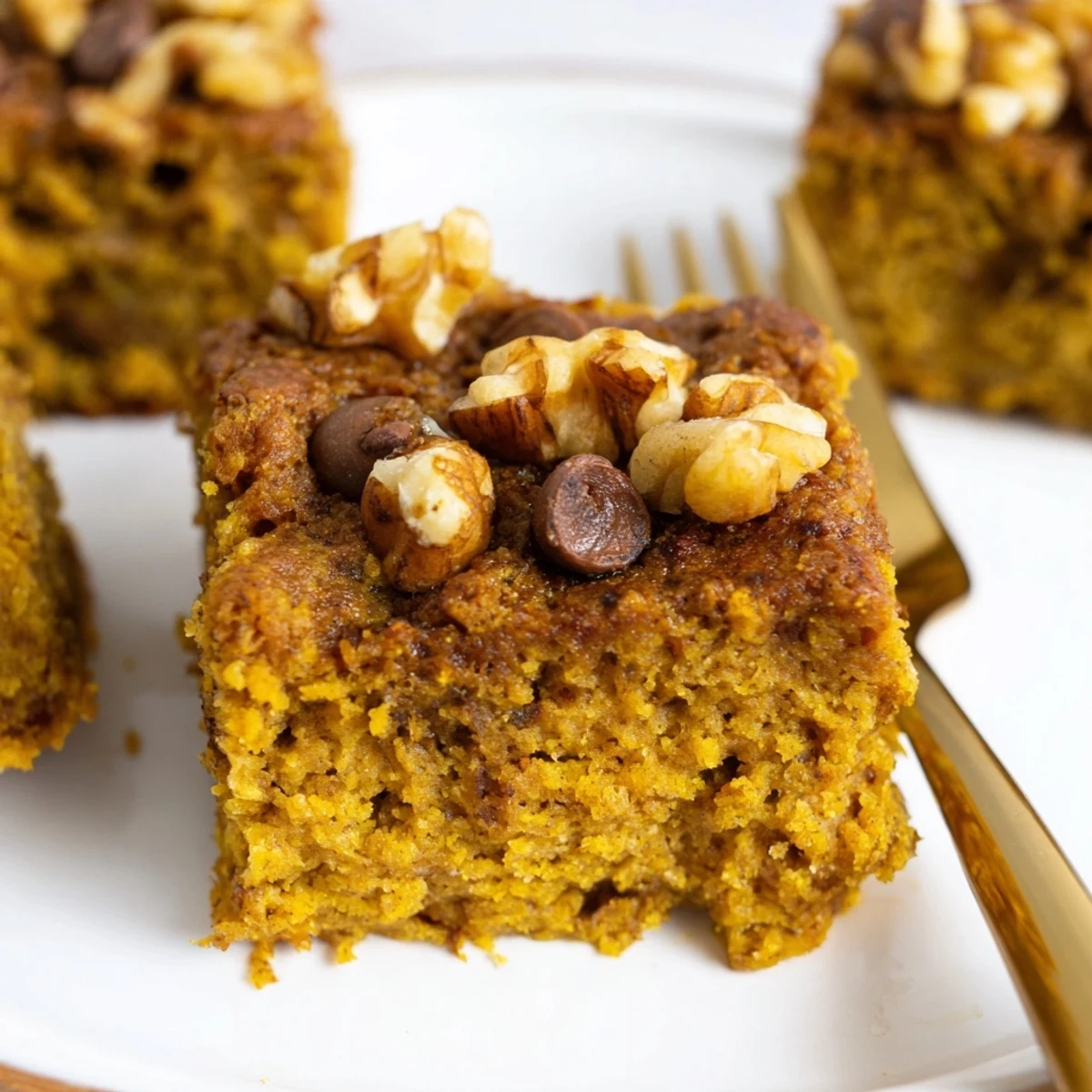 Golden-brown pumpkin muffin banana bread bars topped with nuts and seasonal spices.