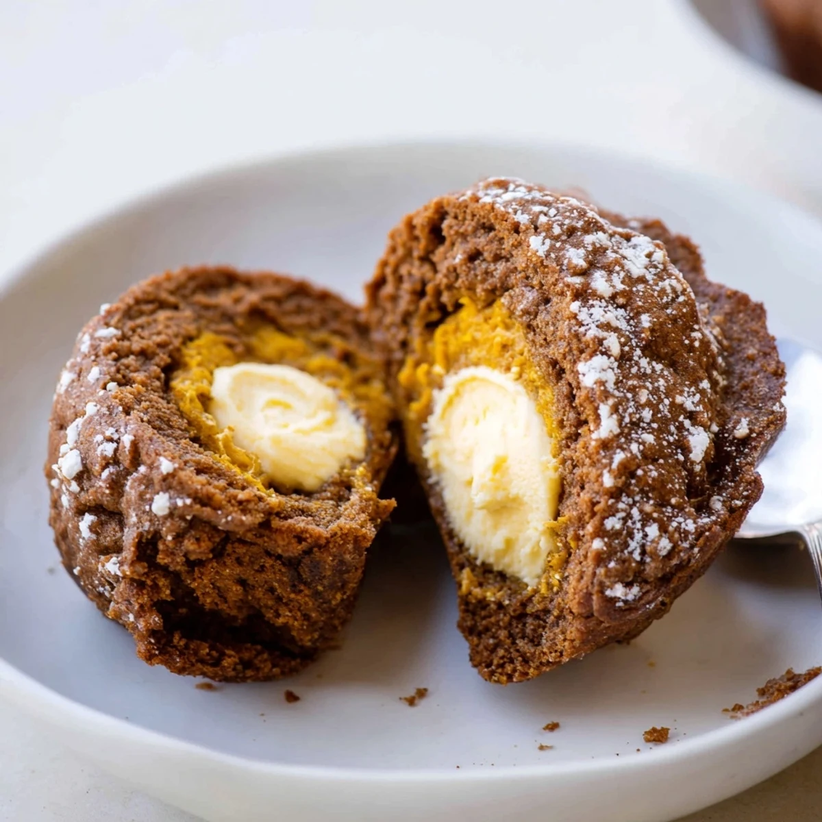 Moist Gingerbread Pumpkin Muffin Thumbprints topped with creamy pumpkin filling and spices.  