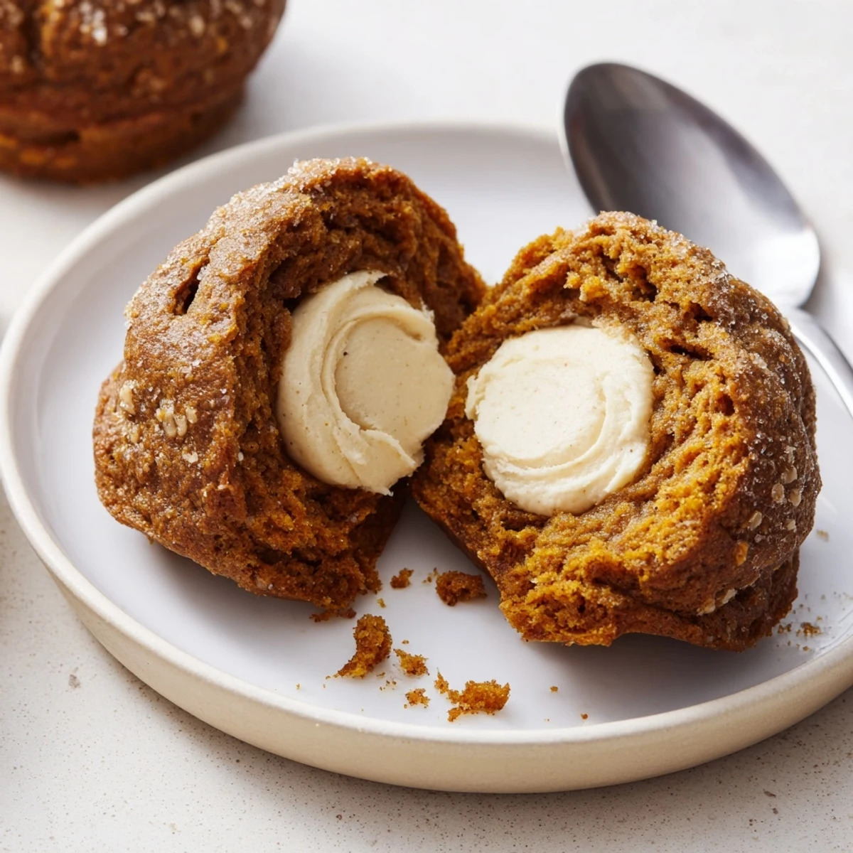 Delicious gingerbread pumpkin muffins featuring a warm, spiced thumbprint center.  