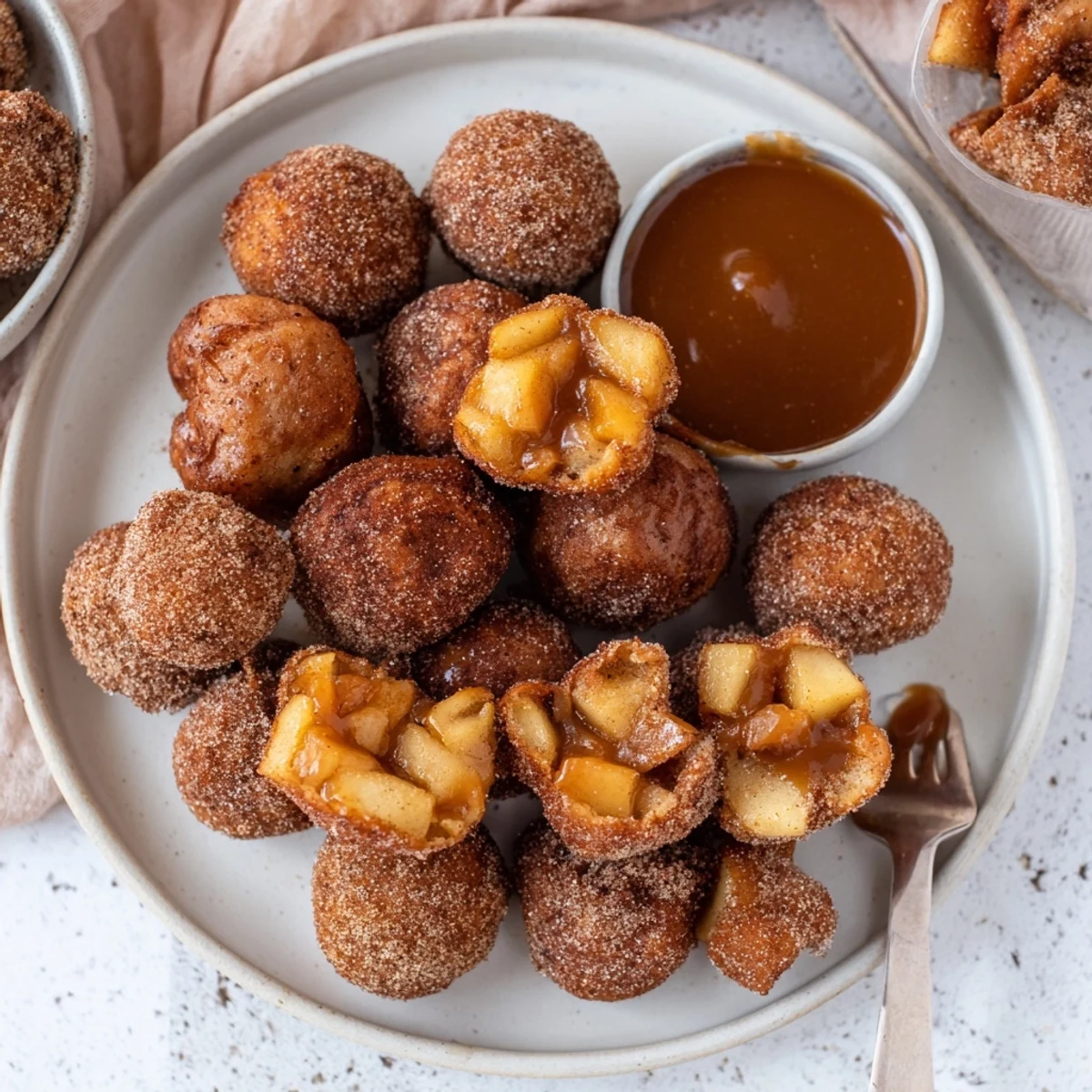 Bite-sized caramel apple churro balls dusted with cinnamon sugar on a plate.  