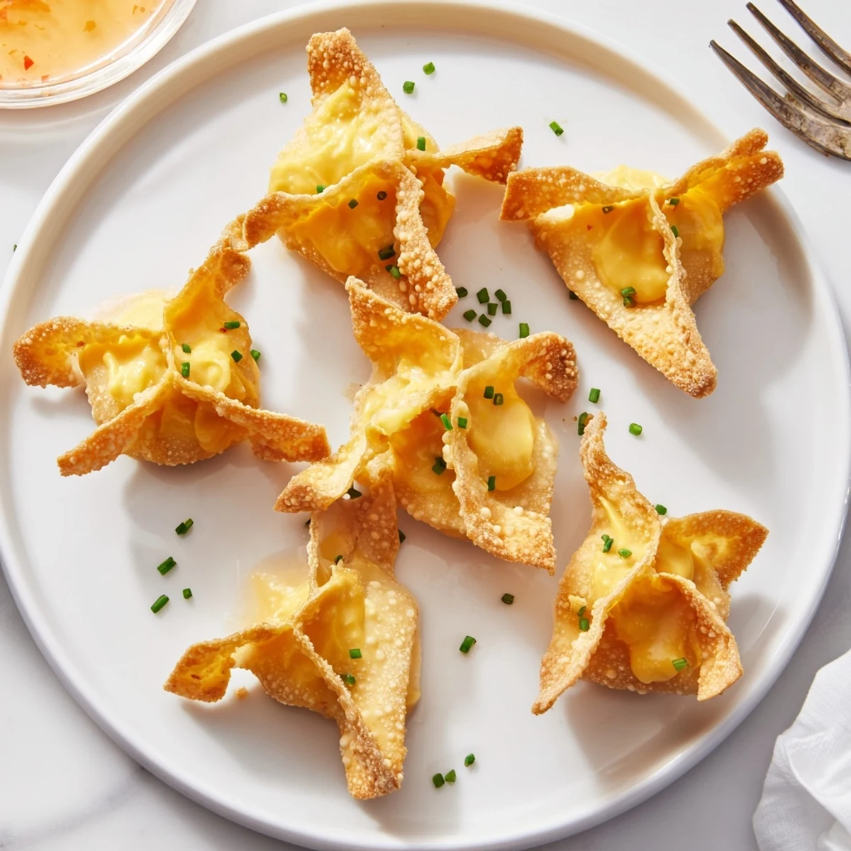 Delicious crispy pumpkin wonton bites topped with fresh chives for flavorful snacking.  