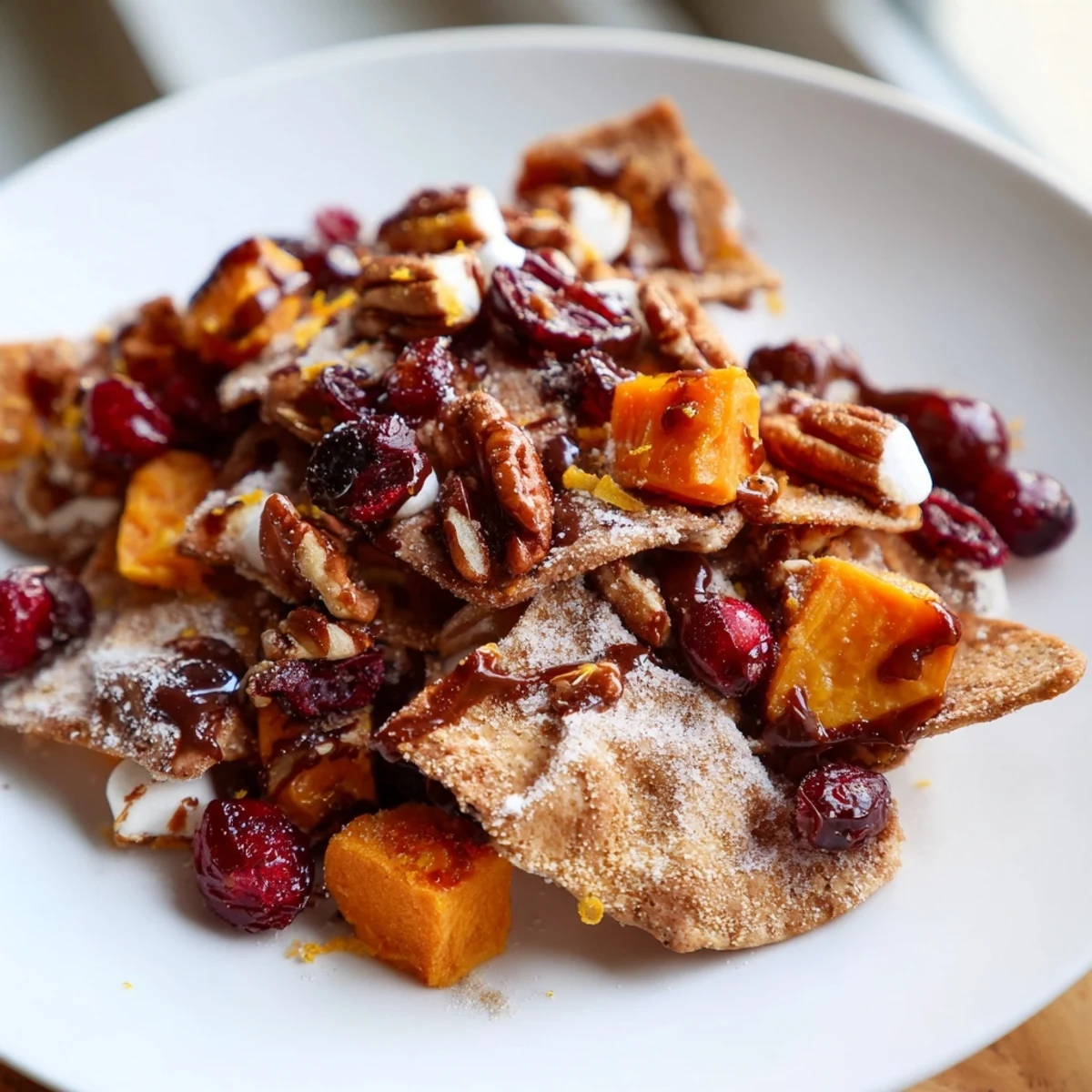 Crisp cinnamon-sugar tortilla chips topped with roasted sweet potatoes and cranberries.