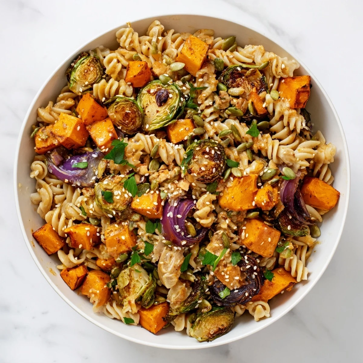 Vibrant miso pasta salad with roasted fall veggies and creamy dressing garnish.  