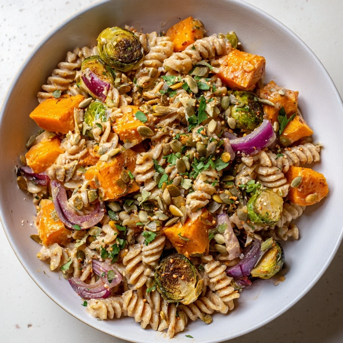 Warm, umami-rich miso pasta salad, adorned with toasted pumpkin seeds and parsley.  