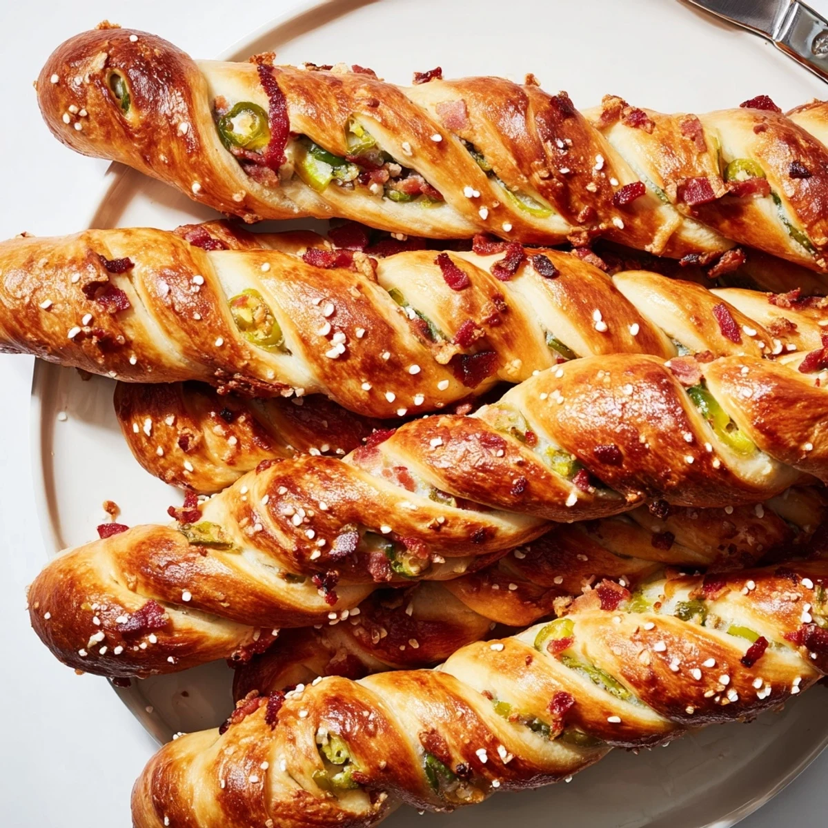 Golden pretzel twists filled with crispy bacon, tangy pickles, and jalapeño heat.