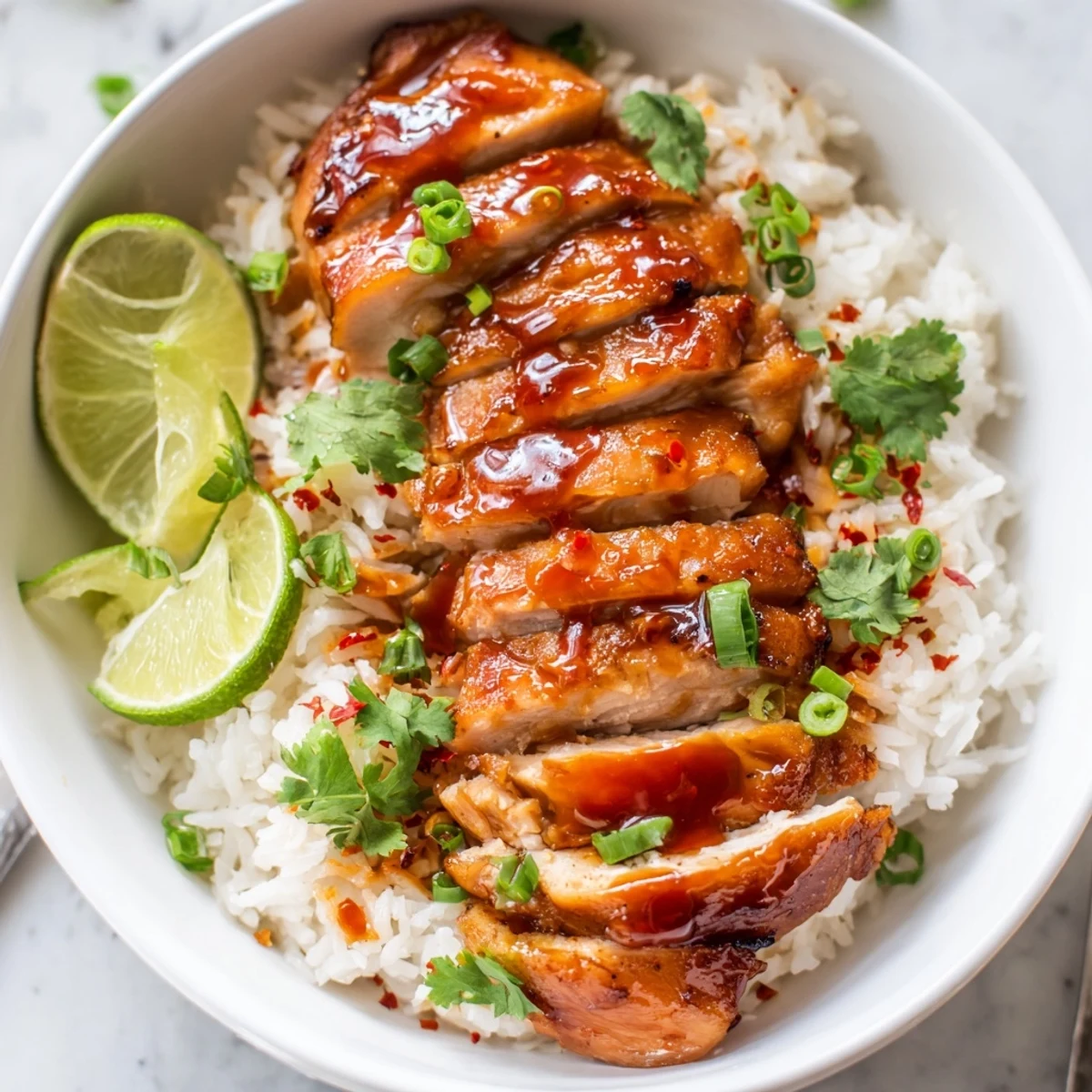 Sweet Chili Chicken Bowl featuring tender chicken and zesty coconut lime drizzle.  