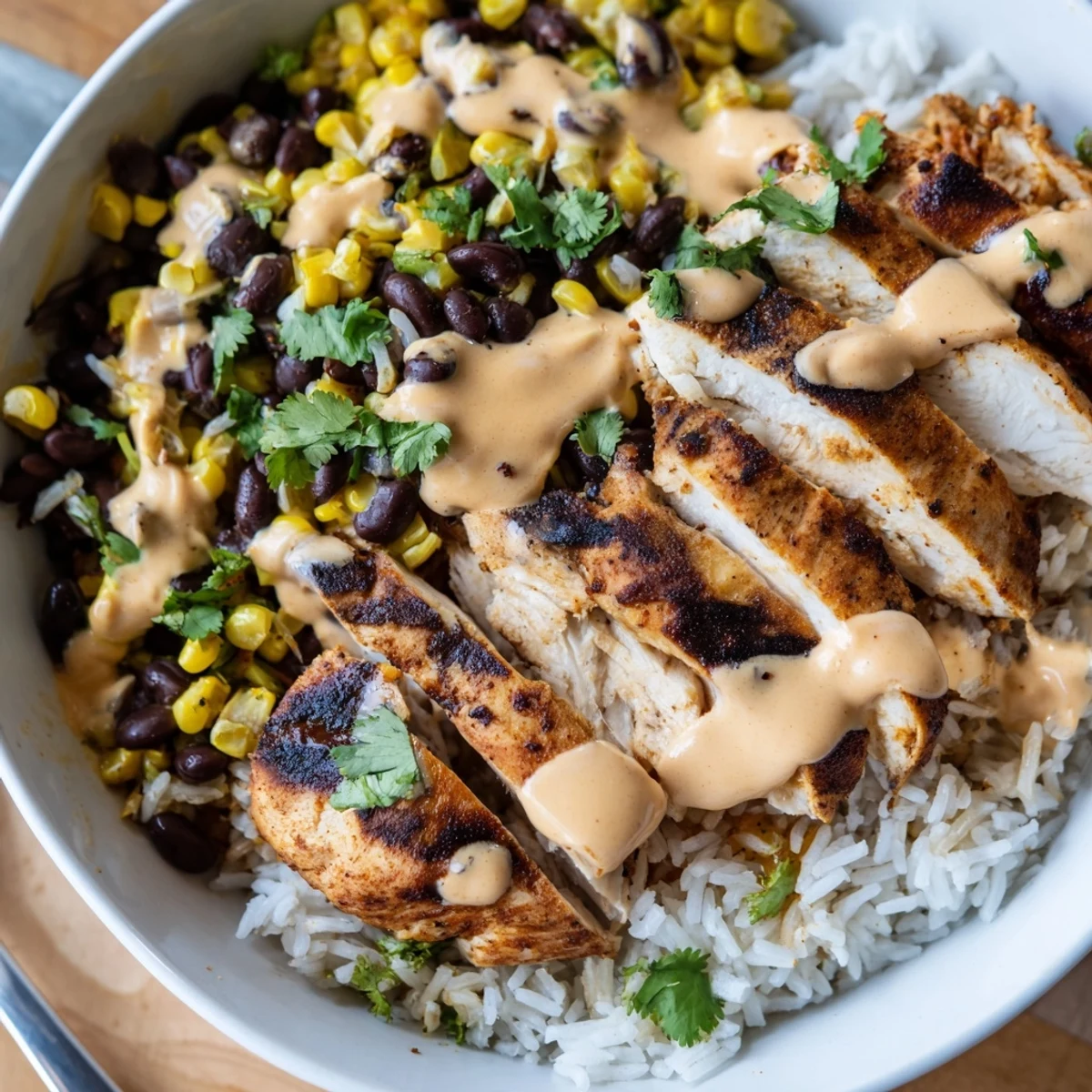 Enjoy a colorful Chipotle Chicken Bowl featuring grilled chicken, beans, and fresh corn.  