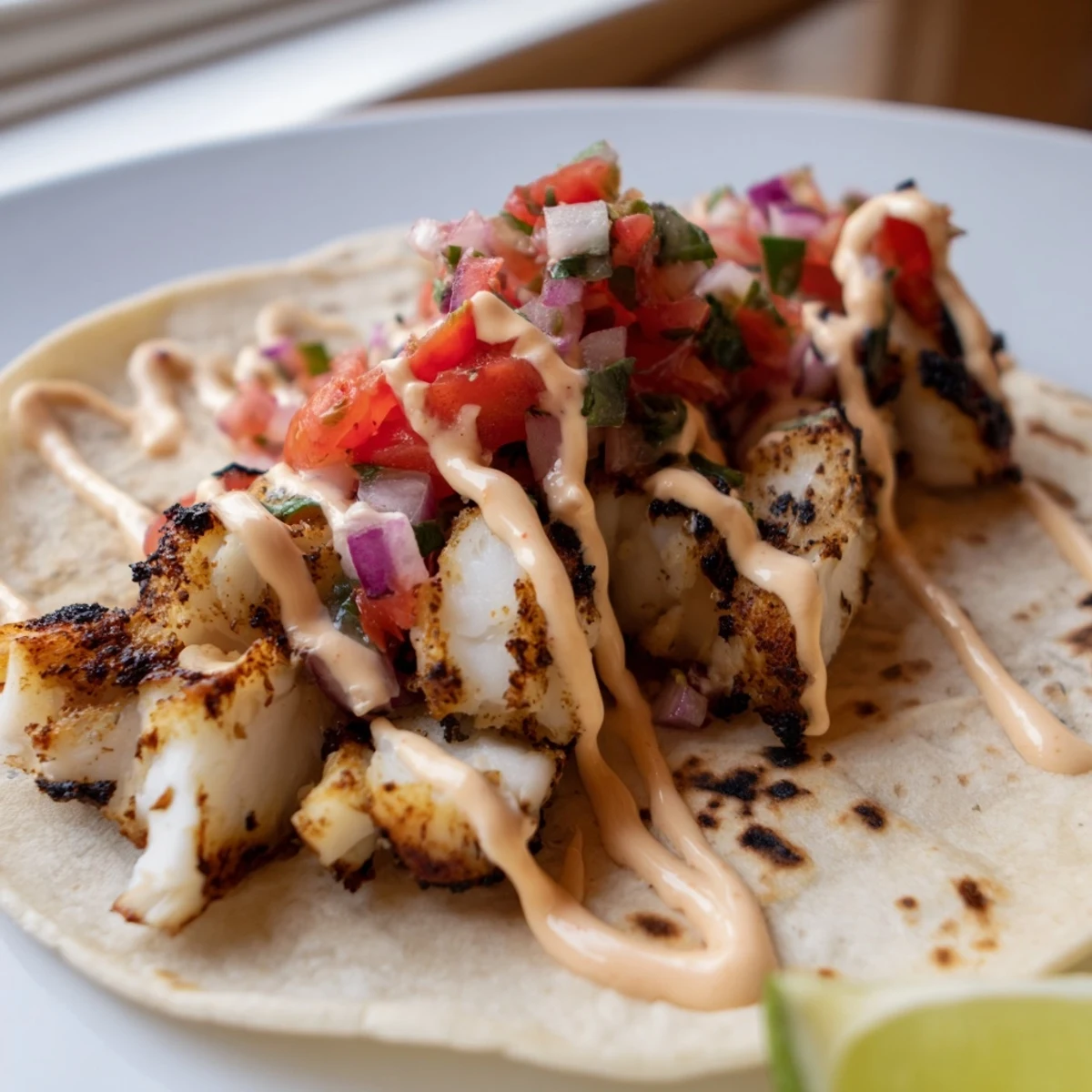 Succulent grilled fish tacos drizzled with spicy mayo and topped with fresh pico de gallo.  