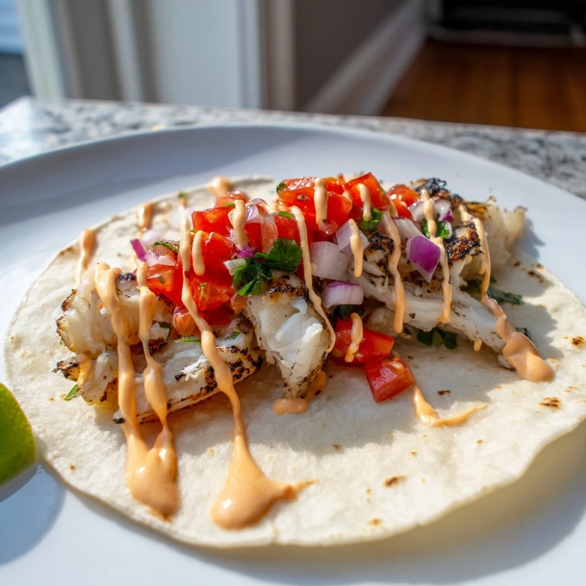 Deliciously layered grilled fish tacos, enhanced with zesty mayo and colorful salsa toppings.