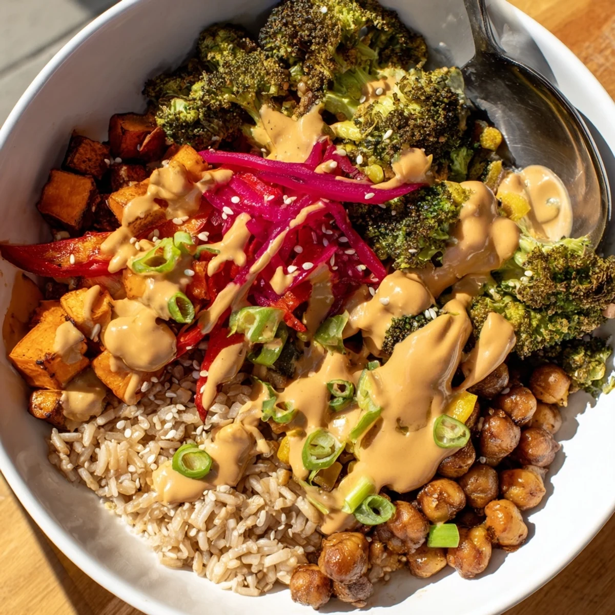 Vibrant Bold Sauce Drizzle Bowls topped with roasted veggies for a satisfying meal.  