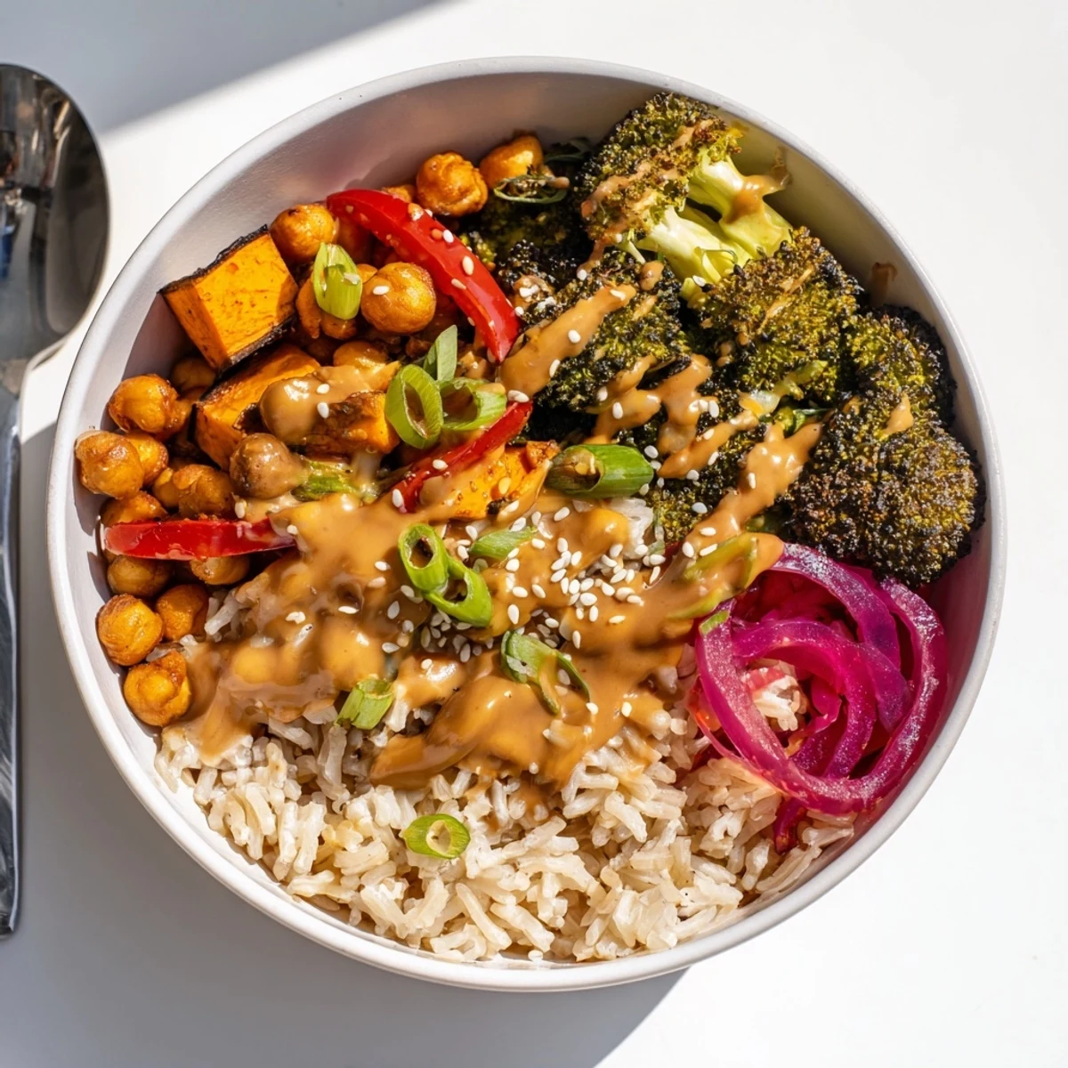 Delicious grain bowls with colorful veggies, miso-butter, and gochujang-maple sauces.  