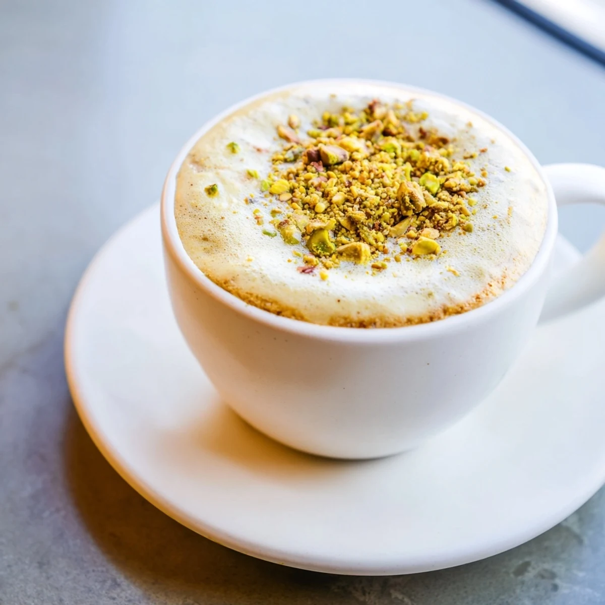 Creamy pistachio milk latte topped with crushed pistachios for delightful flavor.  