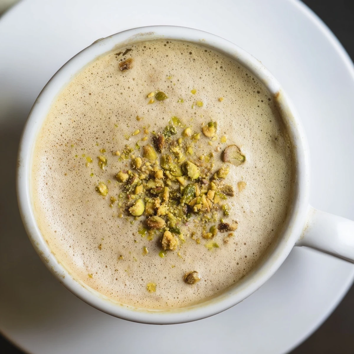 A vibrant pistachio milk latte, perfect for a cozy afternoon coffee break.  