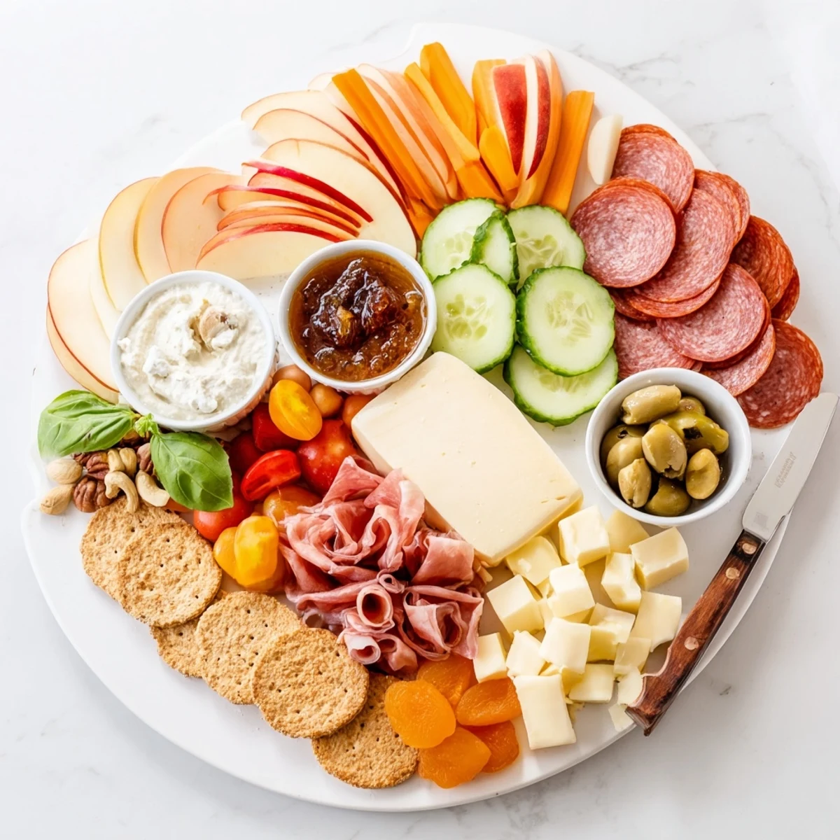 A vibrant Girl Dinner Platter showcasing assorted cheeses, fruits, and dips for sharing.  