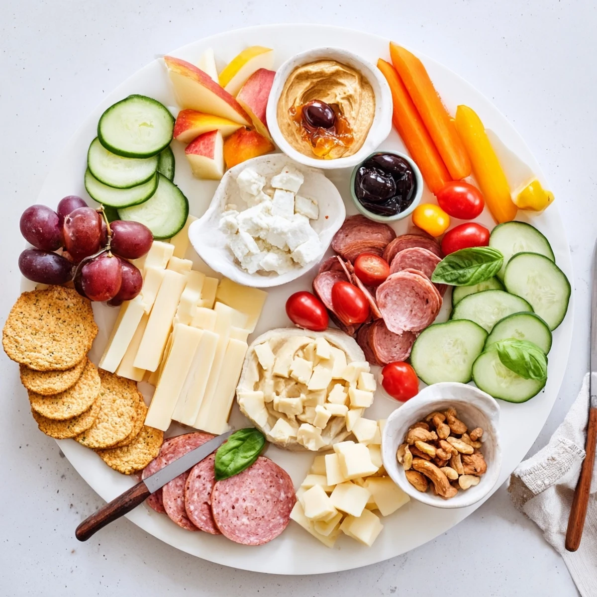 Colorful Girl Dinner Platter filled with fresh veggies, creamy cheeses, and crunchy snacks.  