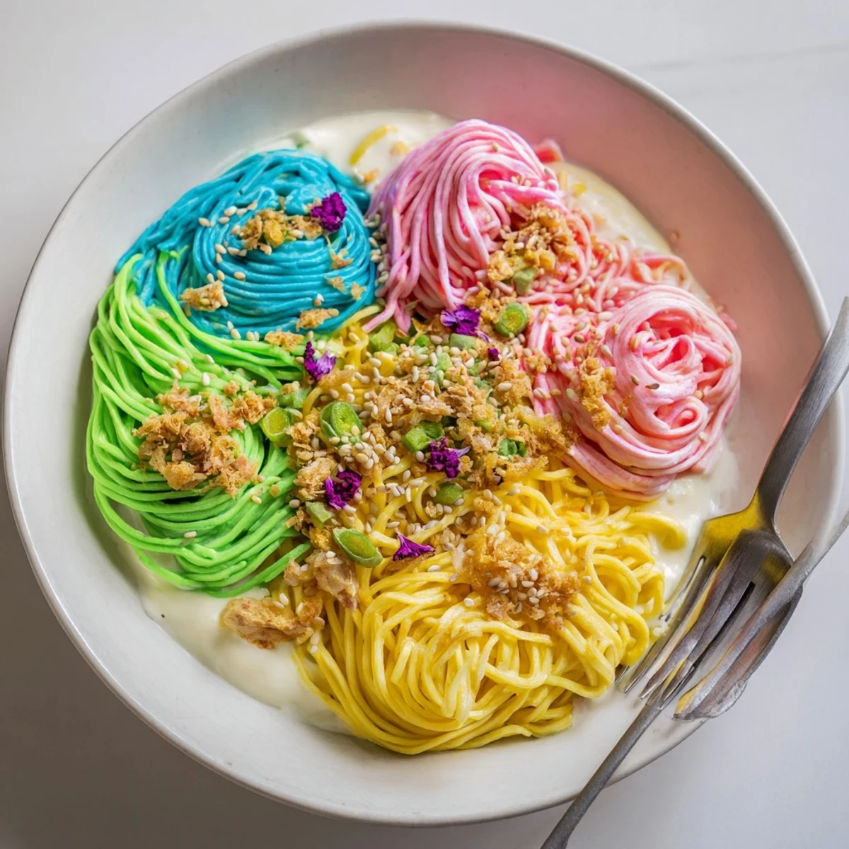 Colorful noodles in airy cloud-like sauce, perfect for whimsical dinner parties.  