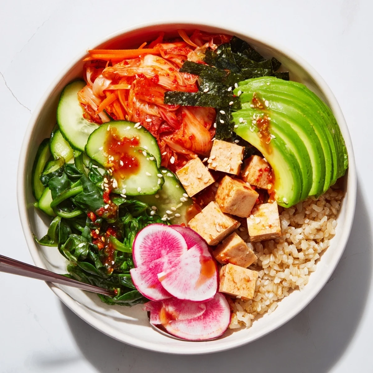 A colorful fermented vegetable bowl with kimchi, fresh greens, and avocado slices.  
