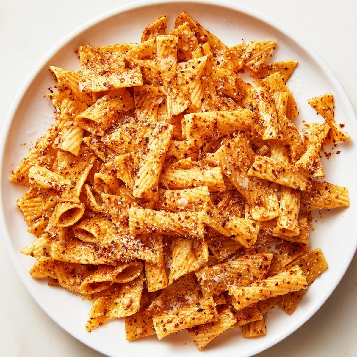 Crispy Pasta Chips Seasoned Variety served with zesty marinara and fresh herbs.  