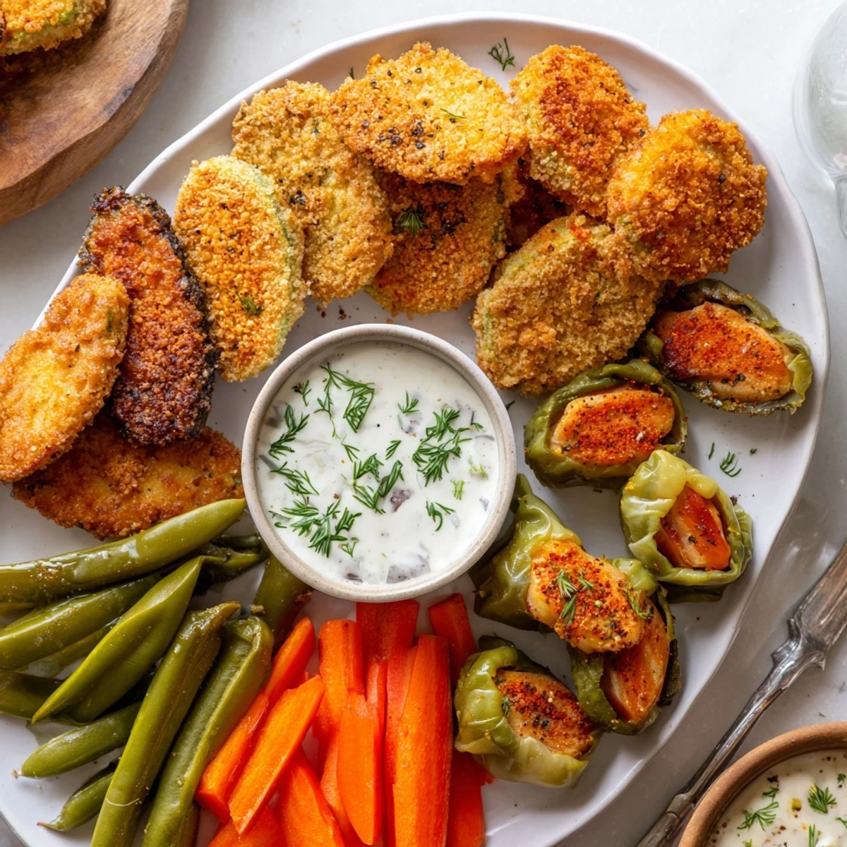 Crispy fried pickles served with assorted tangy pickled vegetables on a platter.  