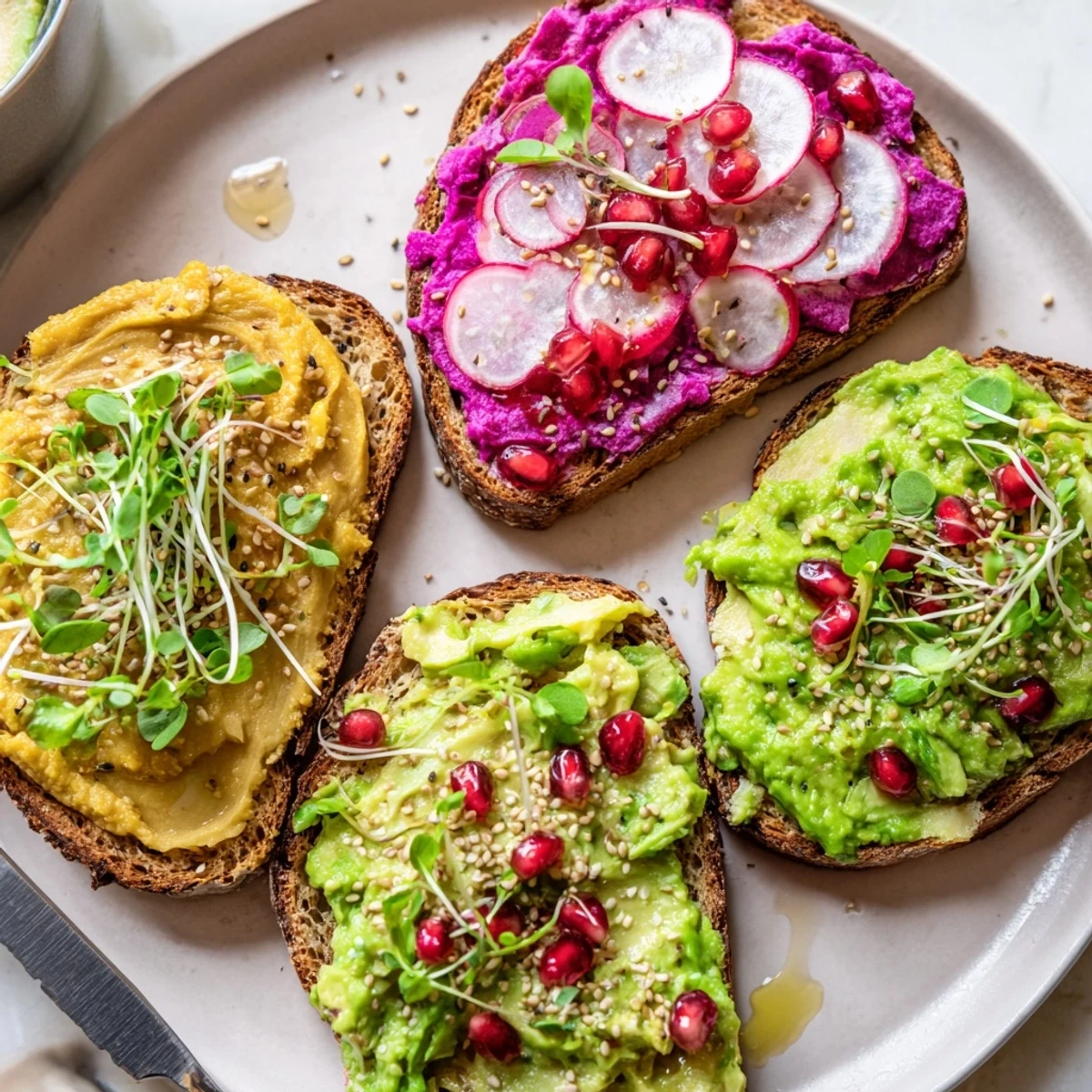 Colorful and flavorful Bright & Bold Breakfast Toasts featuring ube and fresh herbs.