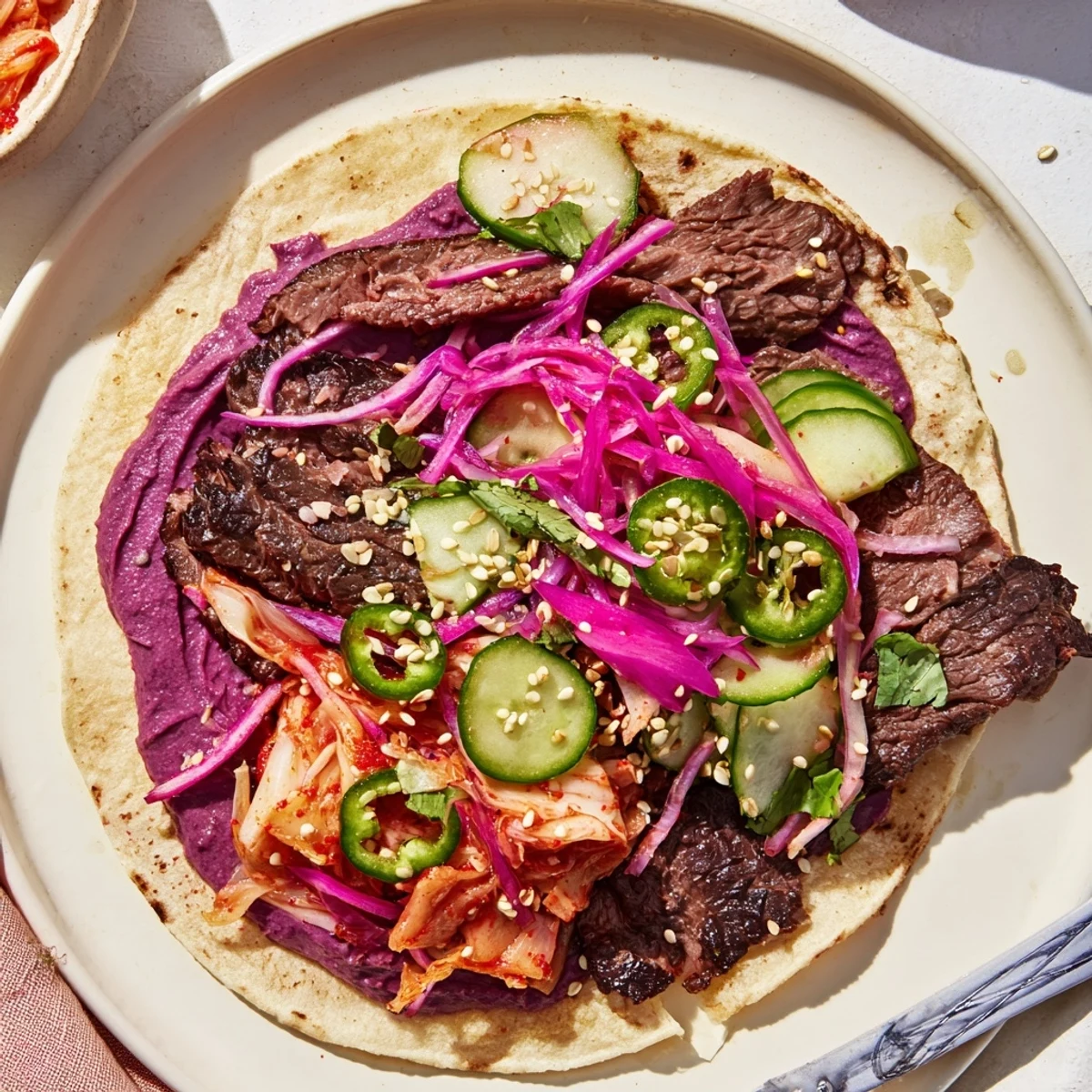 Vibrant Global Street-Food Fusion Tacos topped with colorful ube crema and fresh garnishes.  