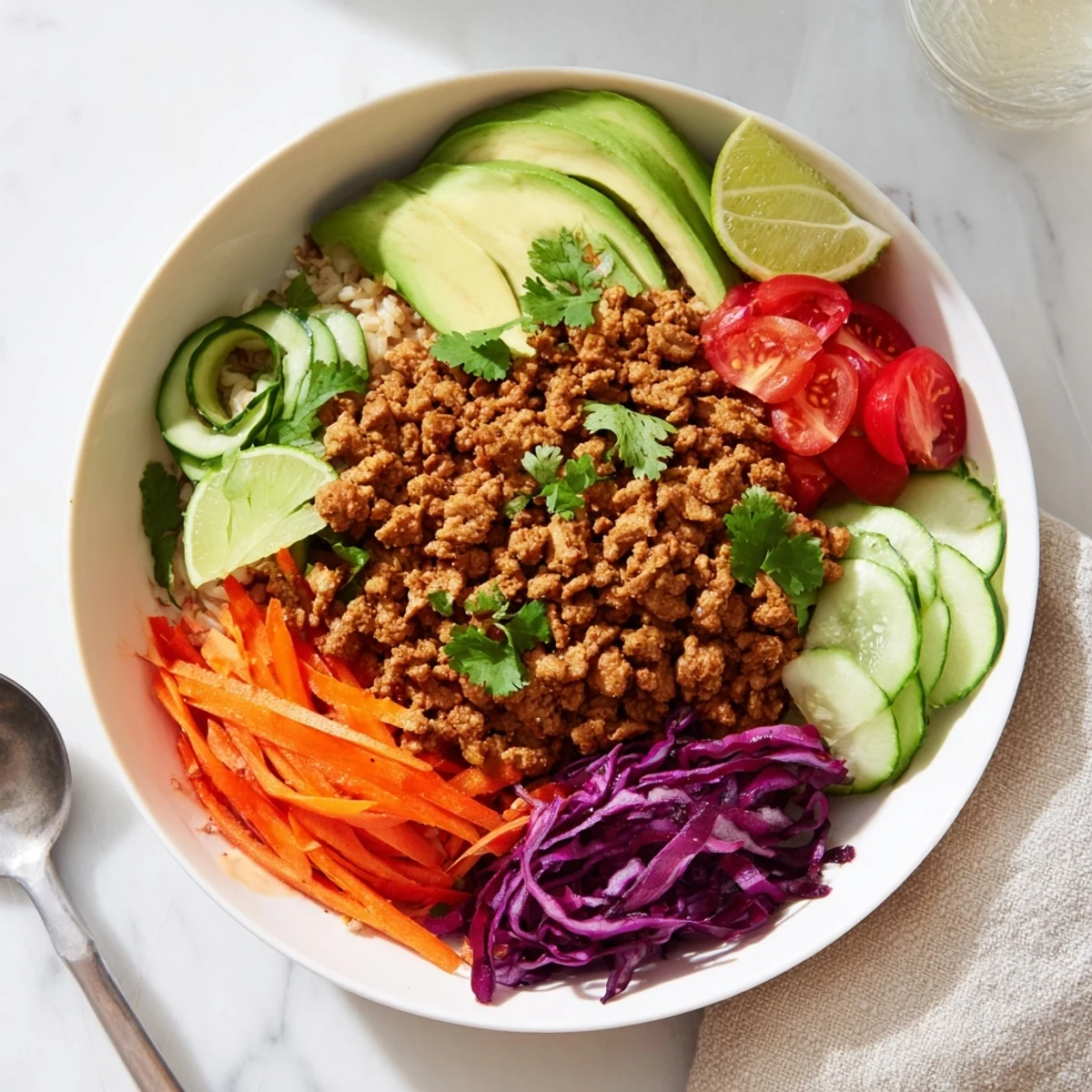 Vibrant plant-based meat bowl, topped with creamy avocado and crunchy vegetables.  
