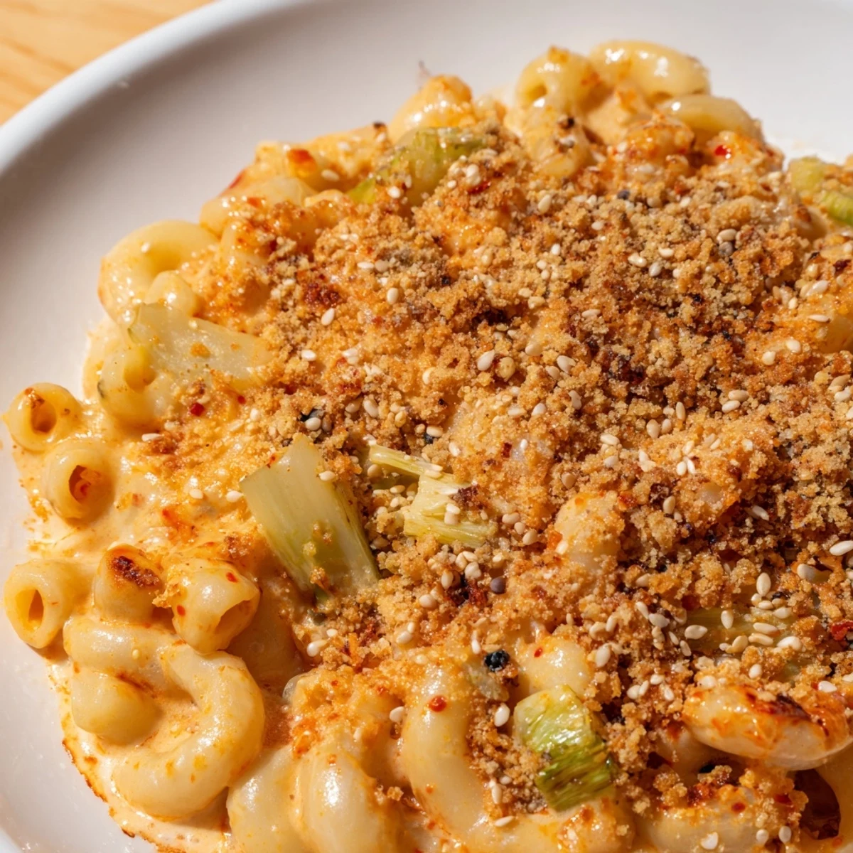 Comforting Spicy Kimchi Mac & Cheese with a crispy topping, perfect for dinner.
