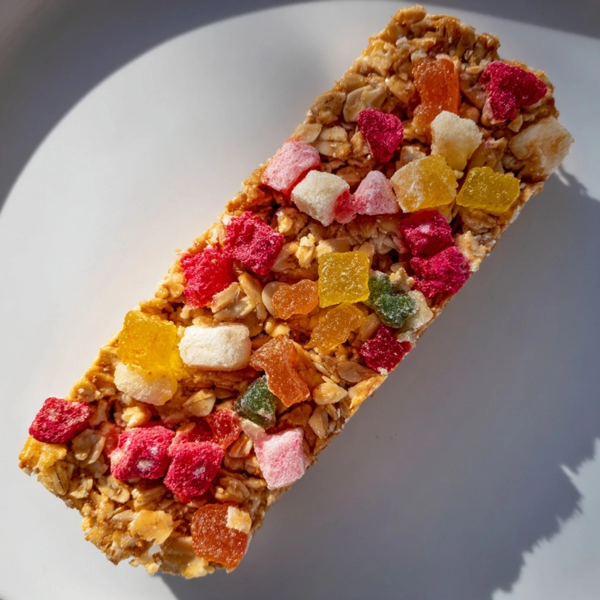 Chewy DIY snack bars layered with homemade gummies and colorful freeze-dried candy.  