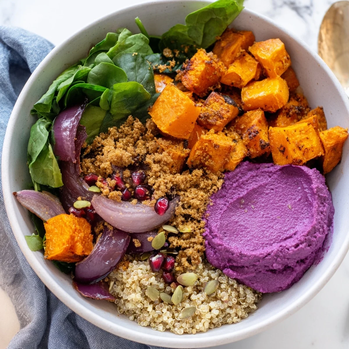 Warm Spiced Winter Bowls topped with roasted veggies and ube-coconut purée.