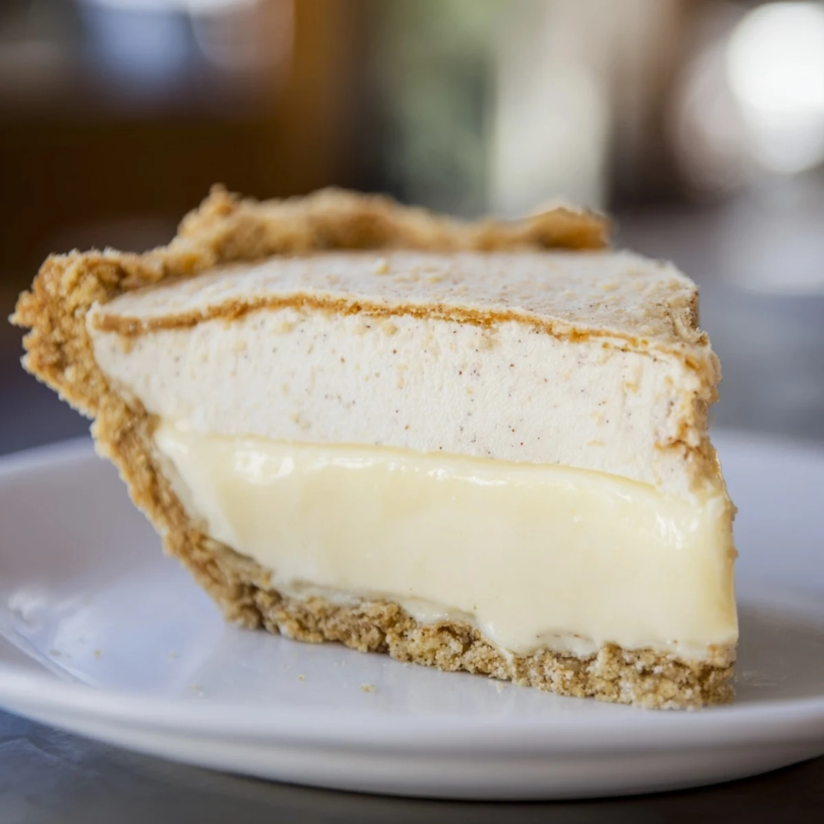 Creamy water pie cooling on the counter, topped with fresh berries and whipped cream.  