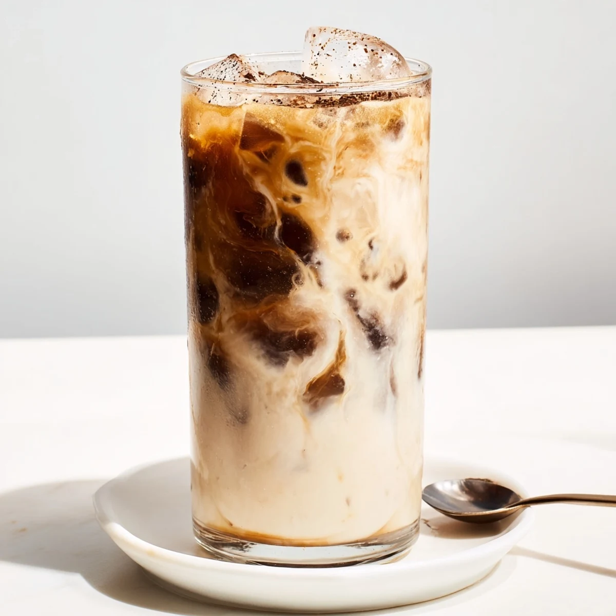 Rich tahini iced coffee topped with creamy plant-based milk and ice cubes.  