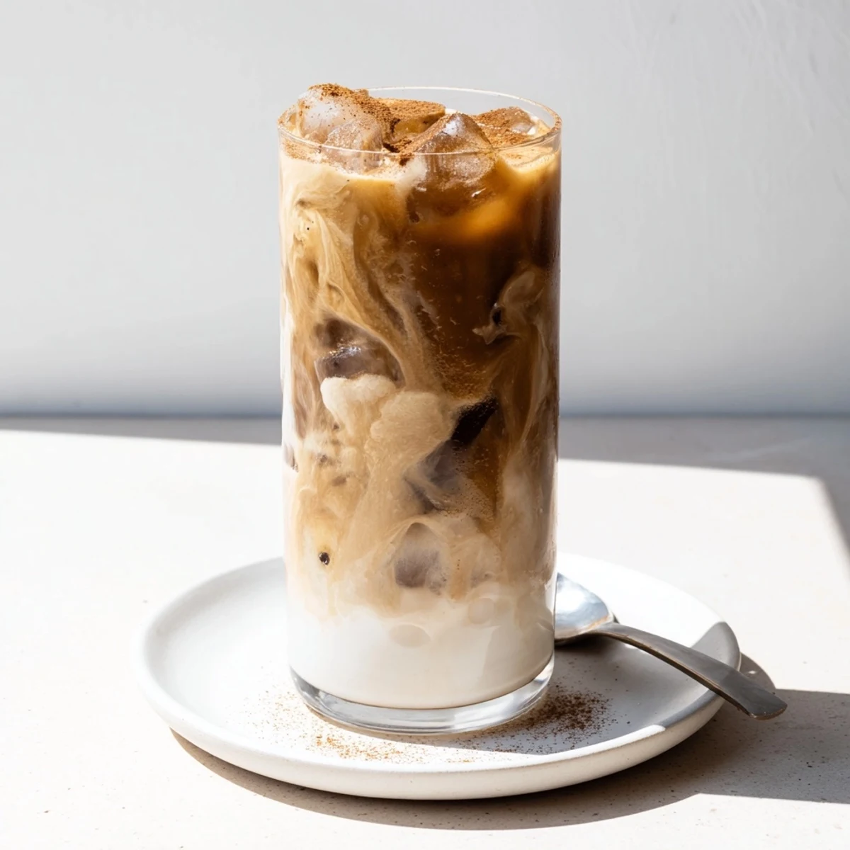 Nutty tahini iced coffee perfect for a hot day, served with chilled elegance.  