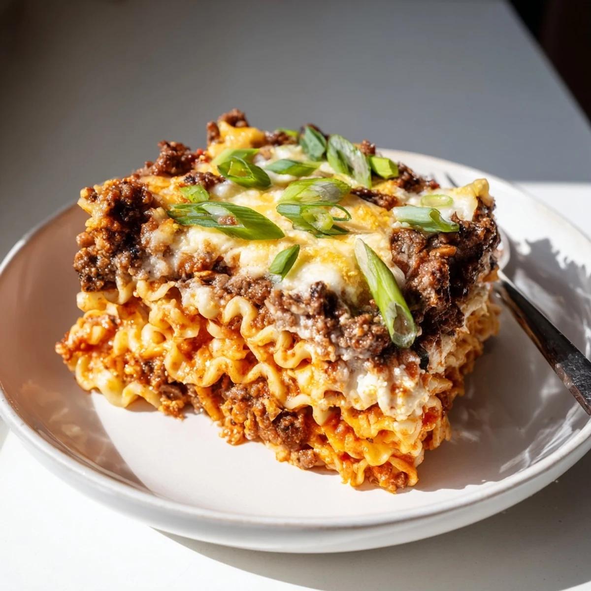 Layers of spicy ramen lasagna topped with melted cheese and fresh green onions.  