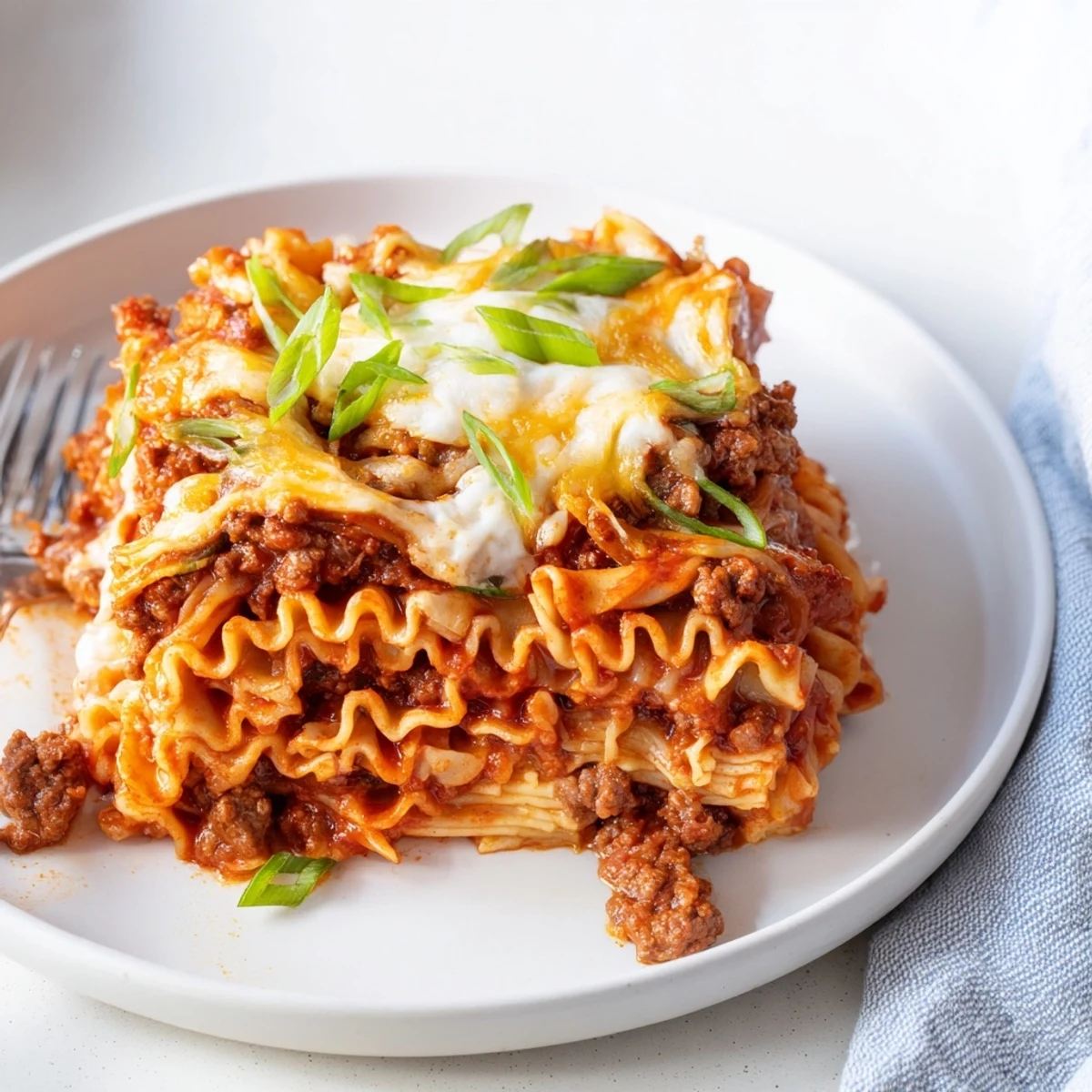 Comforting spicy ramen lasagna, showcasing bright colors and savory flavors in every layer.  