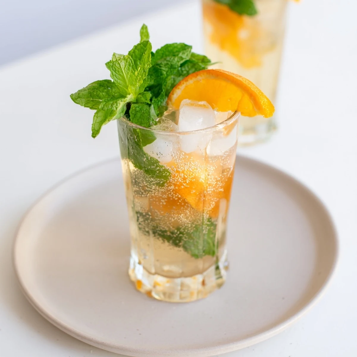 Lightly sparkling probiotic soda mocktail garnished with orange slices and fresh herbs.  