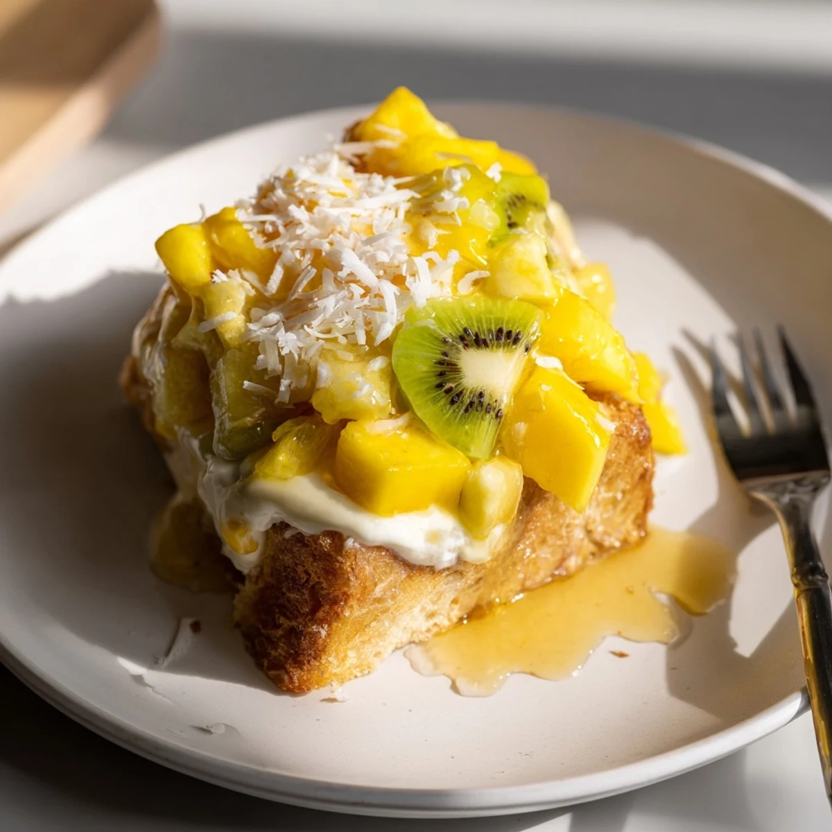 Creamy yogurt-custard toast topped with vibrant tropical fruits and coconut.  