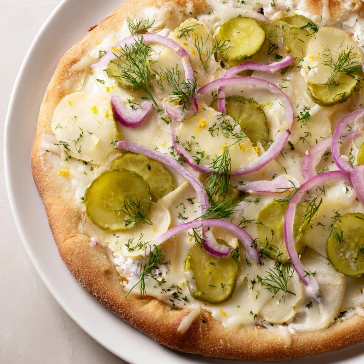 Golden-brown Pickle Pizza with rich crème fraîche and zesty dill flavor.