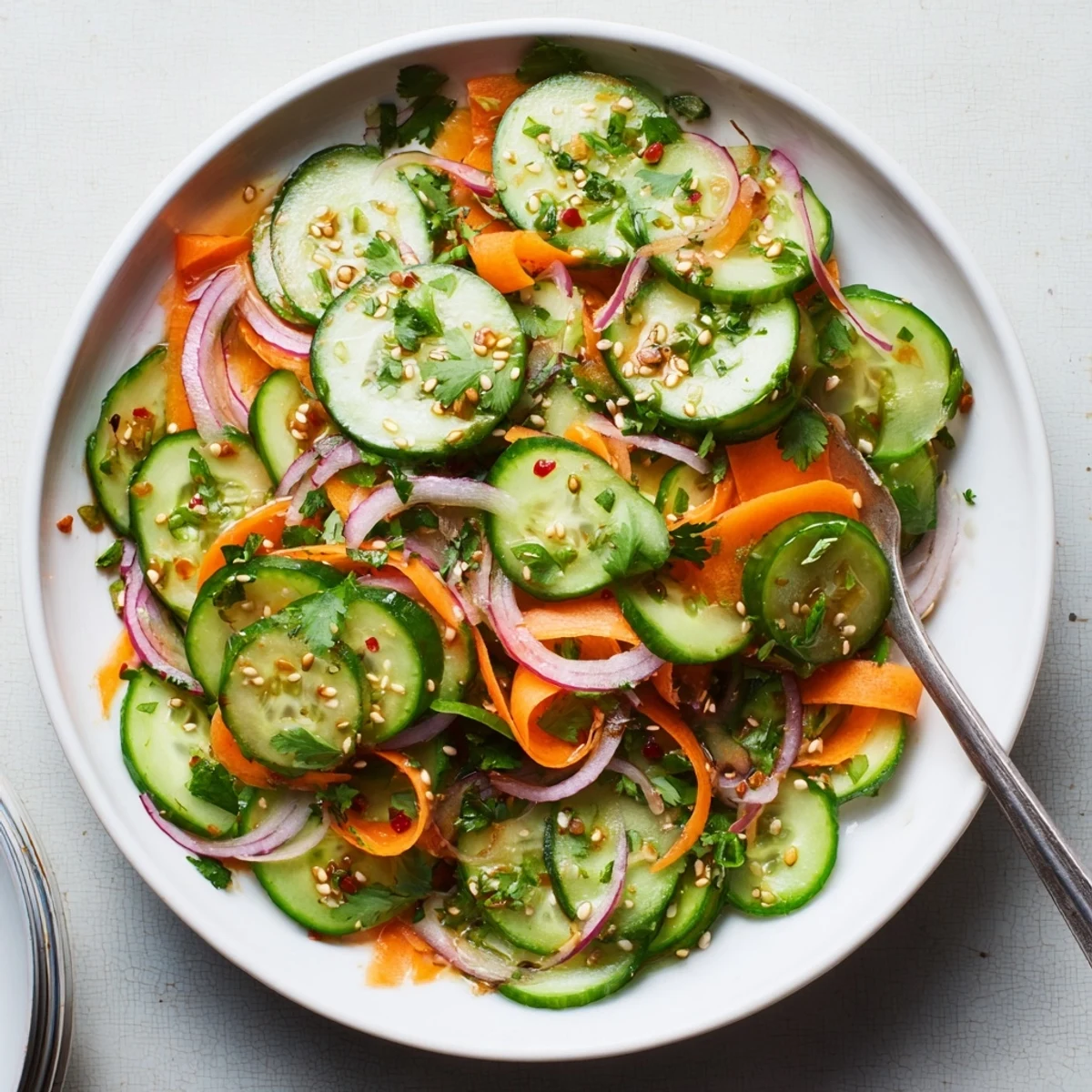 Refreshing Cucumber Salad Remix drizzled with savory sesame oil and tangy dressing.