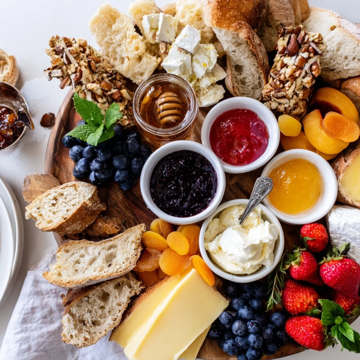 A colorful jam-infused brunch board with fresh fruits and artisan cheeses.  