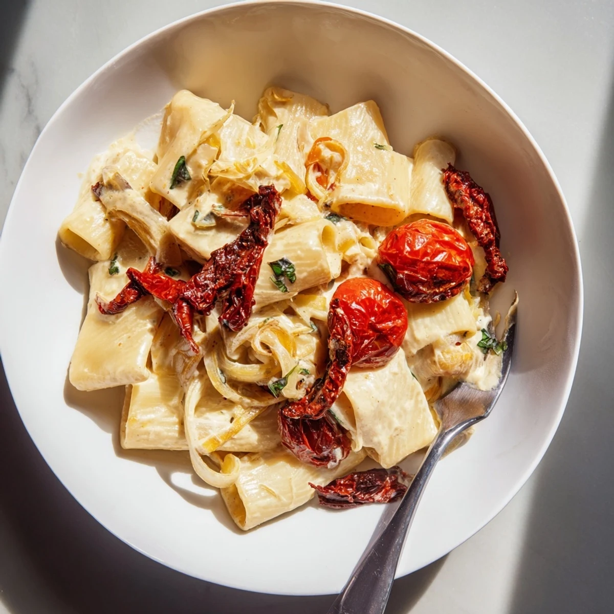 Baked feta pasta combines rich flavors and textures, topped with fresh basil and olive oil.