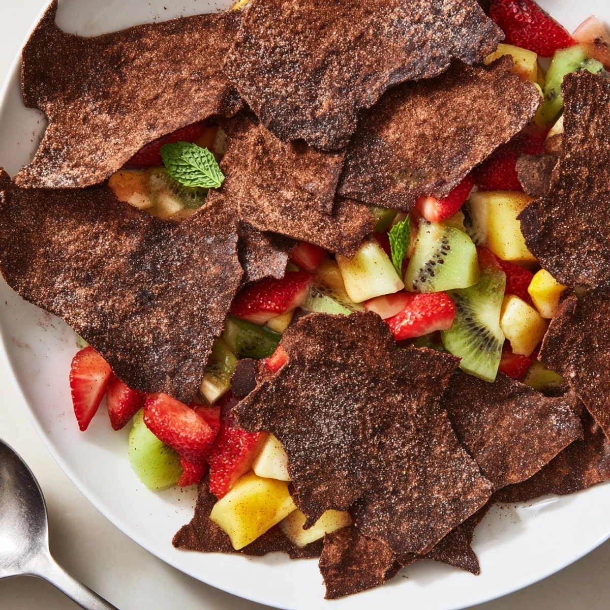 Crispy dessert chips & salsa with vibrant fruit medley, perfect for parties.  