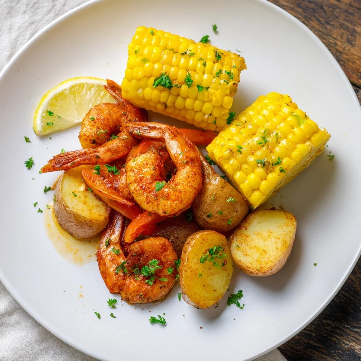 Spicy Cajun shrimp with sweet corn on the cob, perfect for summer gatherings.