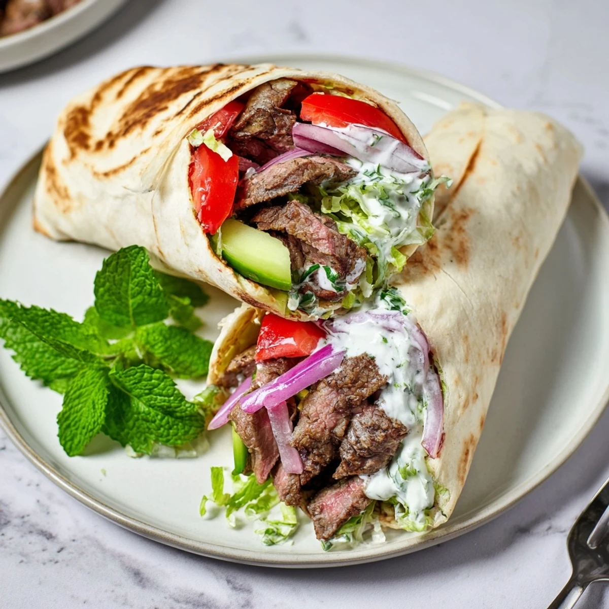 Delicious beef shawarma wraps wrapped in flatbread, drizzled with zesty yogurt dressing.