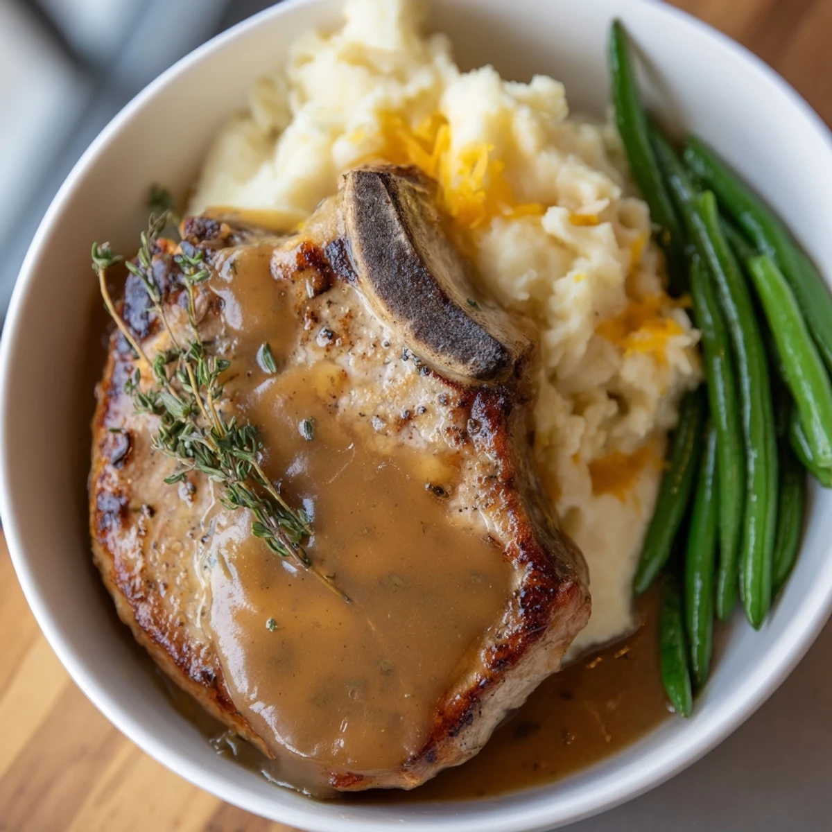 Juicy pork chops resting on creamy cheddar mash, garnished with savory gravy.  